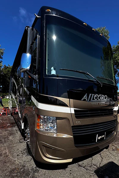 Allegro RV detailing after service front view - professional motorhome cleaning results by Nor Bay Mobile Detailing