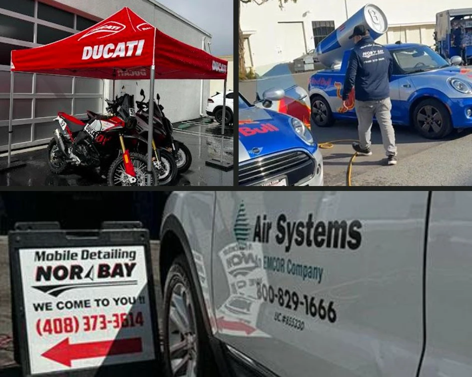 Commercial fleet detailing collage - Ducati motorcycles, Red Bull company vehicles, and Air Systems fleet van detailed by Nor Bay Mobile Detailing in San Jose