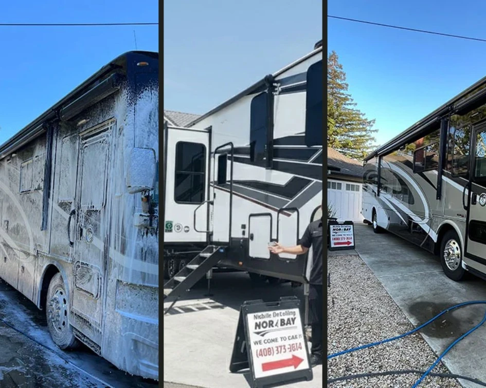 RV detailing before and after collage - Mobile RV cleaning services showing exterior washing, interior detailing, and restoration results by Nor Bay Mobile Detailing