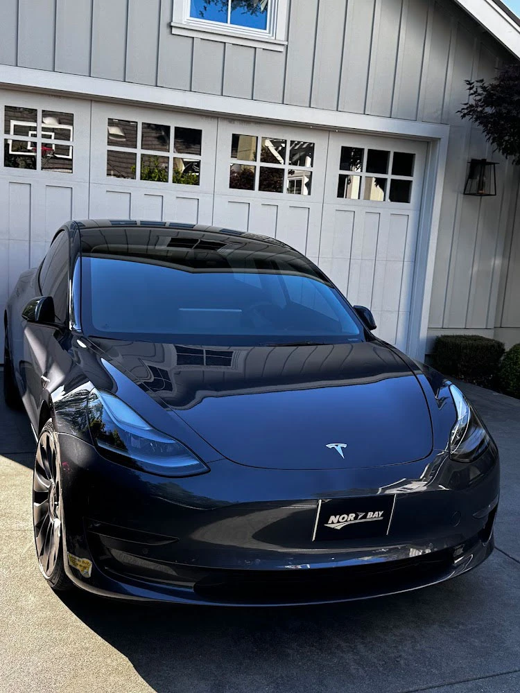 Black Tesla during a full detail service in San Jose, CA