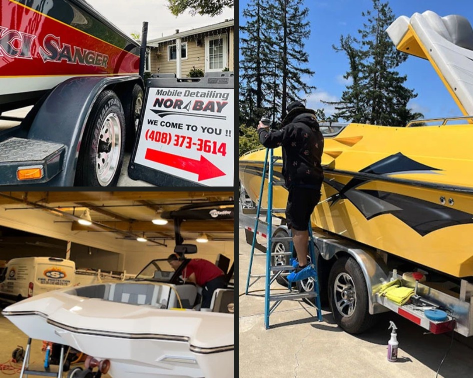 Boat detailing services collage - Nor Bay Mobile Detailing working on multiple marine vessels including yellow boat hull cleaning and interior cabin detailing