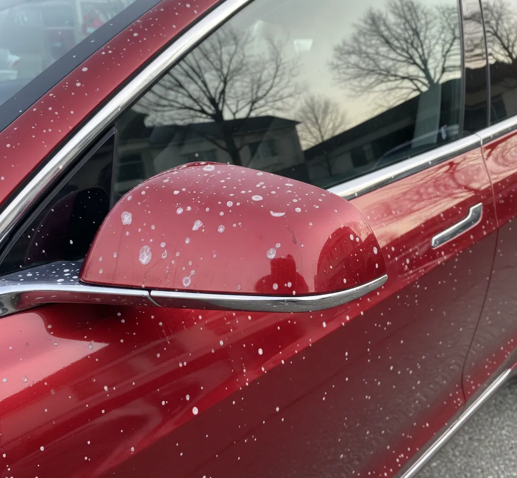 water spots stains sides of car on red tesla